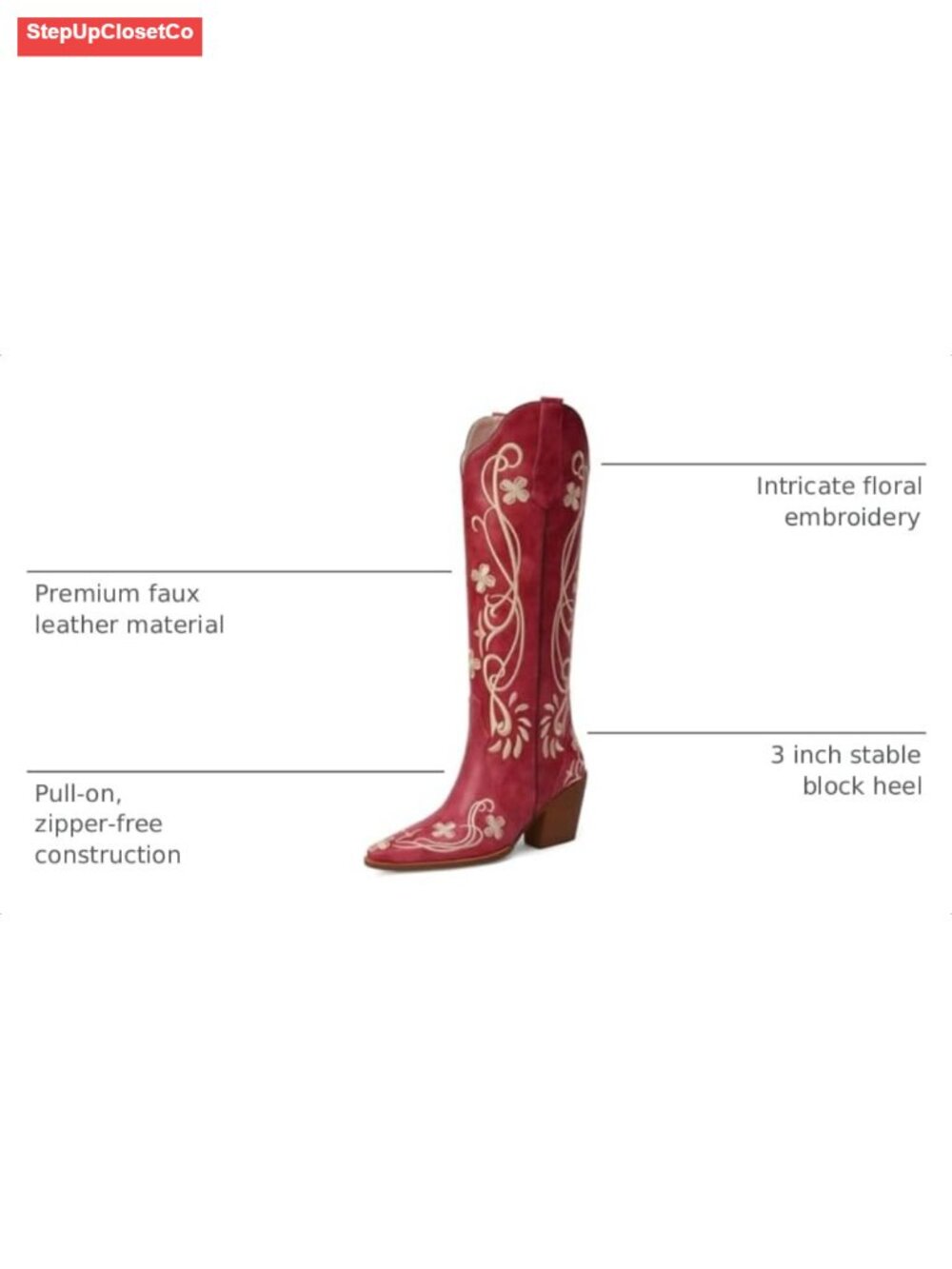Faux Leather Knee High Cowboy Boots Block Heel Pull On - Picture 2 of 6